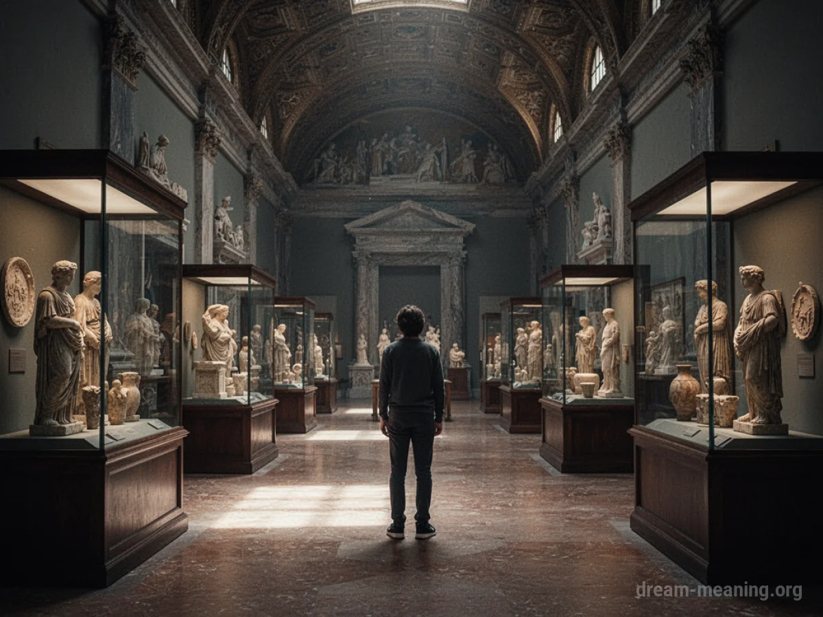 A person observing artifacts in a large museum hall.