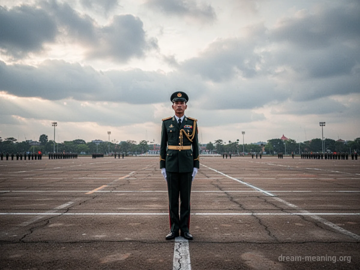 A lone figure in military uniform standing at attention on an empty parade ground.