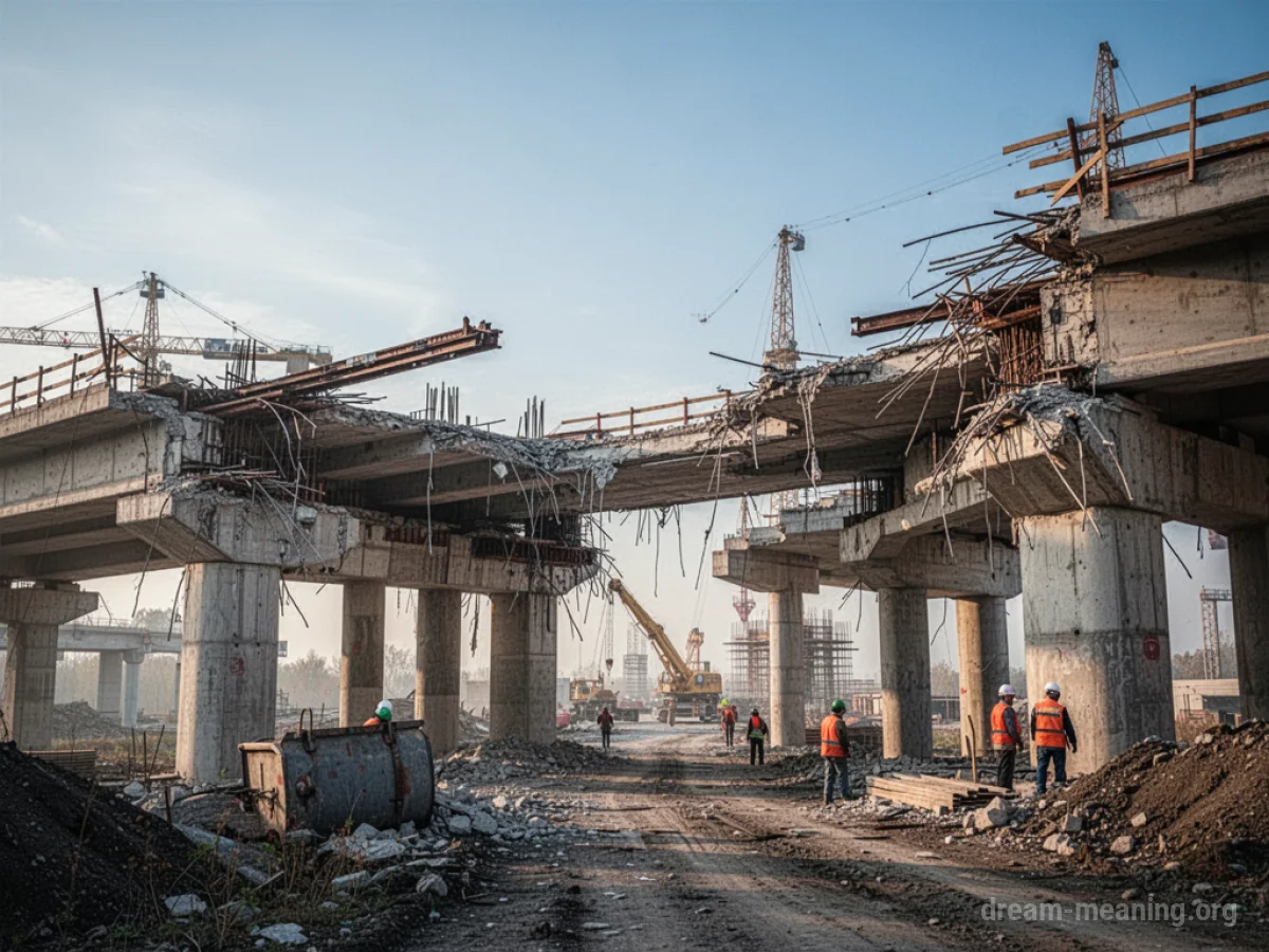 A large bridge undergoing repair with scaffolding and construction equipment.