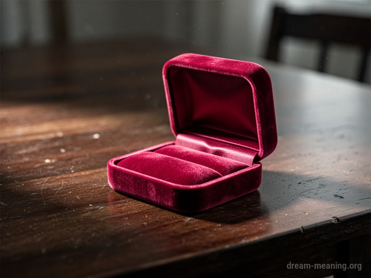 An empty velvet jewelry box on a wooden surface.