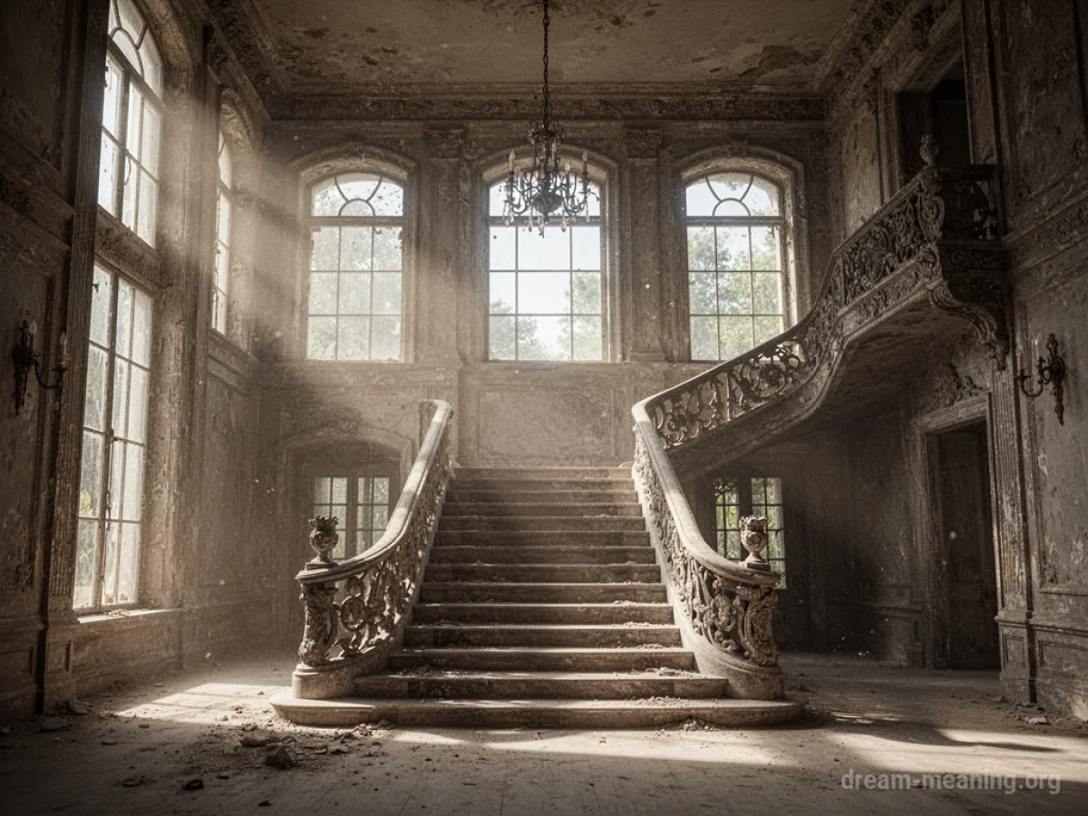 A large, old house interior with sunlight and a staircase.
