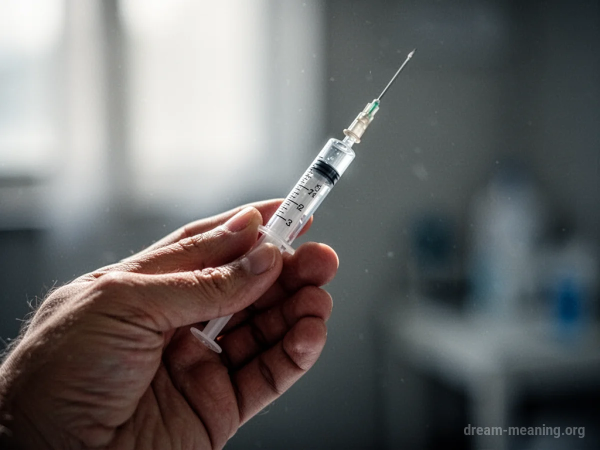A hand holding a syringe with a needle.