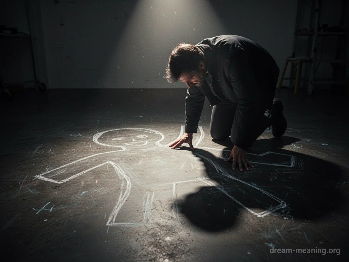 A silhouette examining a chalk outline on a floor.