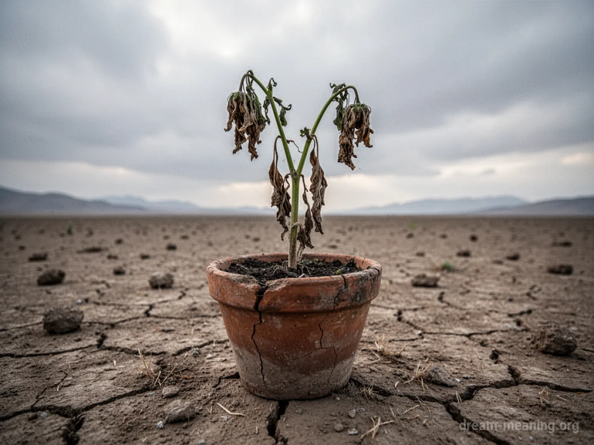A wilting plant in a dry pot under a gray sky.