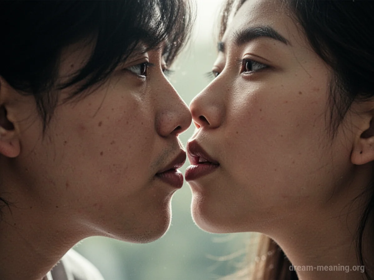 Close-up of two faces, one slightly blurred, with lips nearly touching.