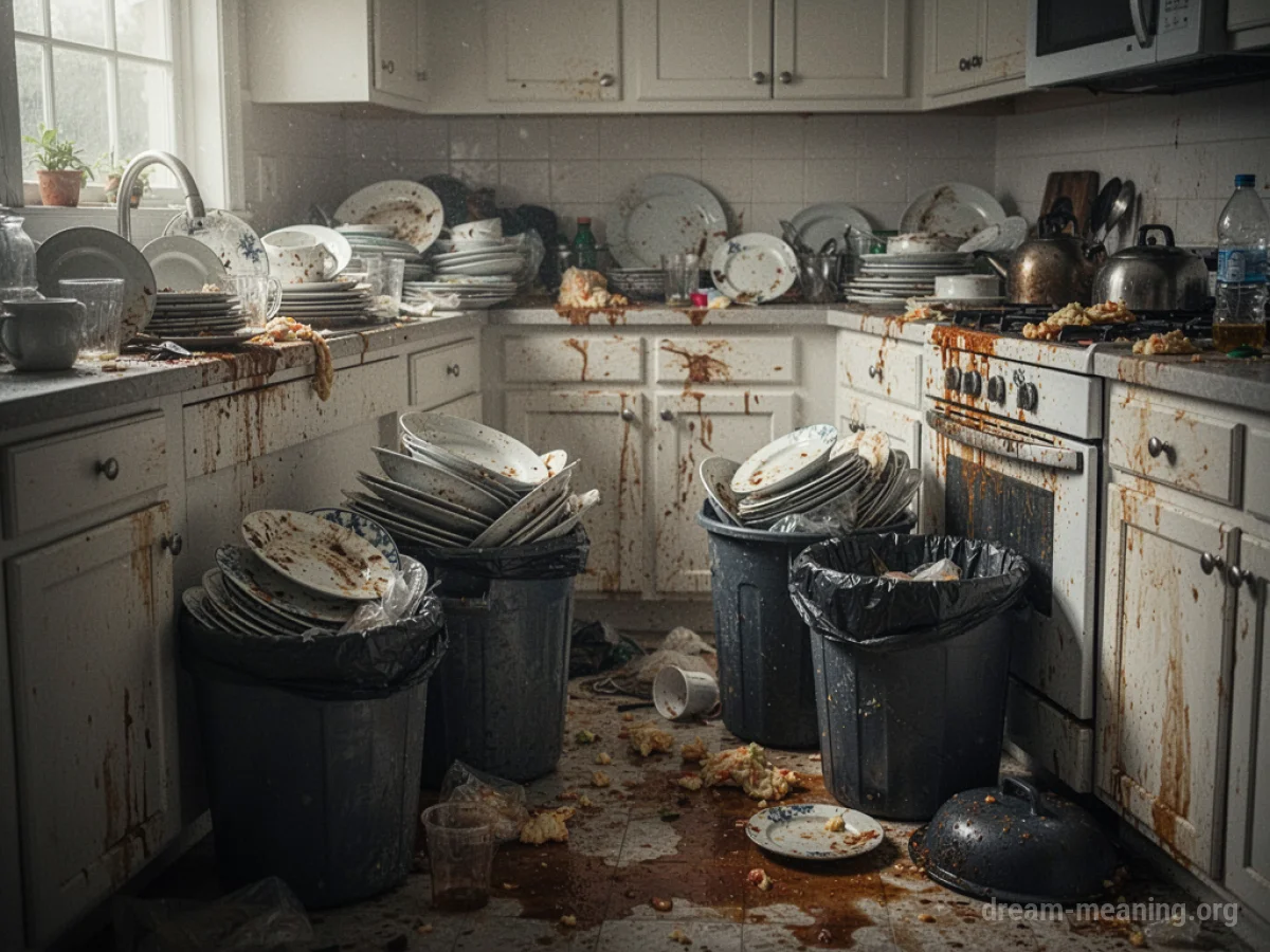 A kitchen overwhelmed with dirty dishes, spills, and general disarray.