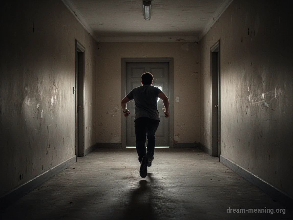 A silhouette of a person running down a long hallway.