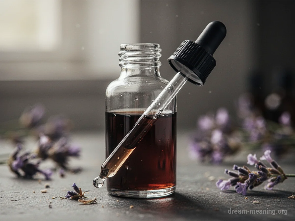 A glass bottle filled with dark liquid and a dropper.