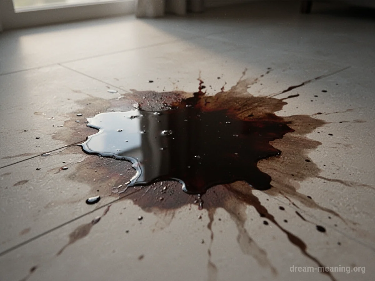 A dark liquid spill on a light floor.