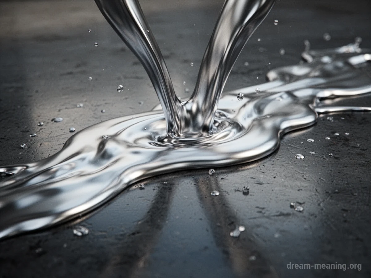 Molten silver metal flowing in a smooth stream.
