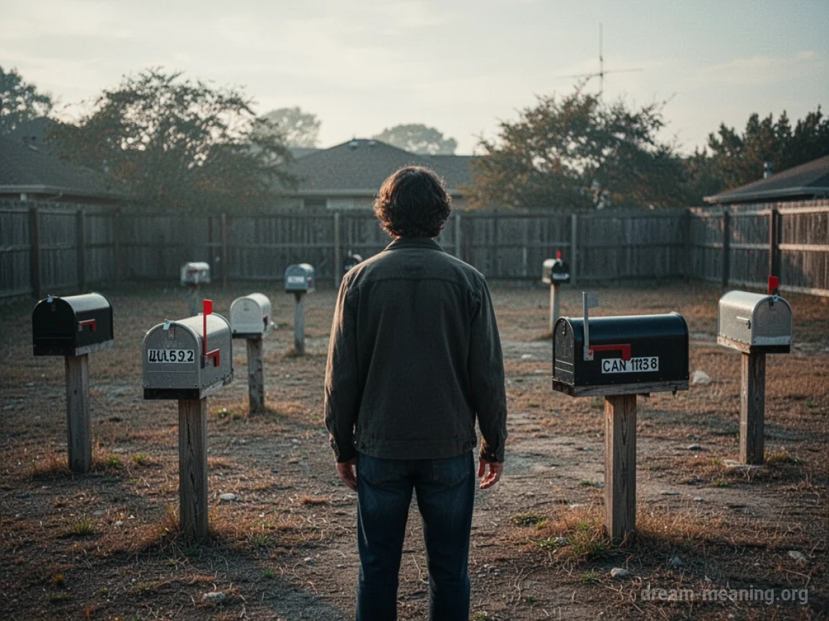 A person looking for a specific mailbox among several identical ones in an empty field.