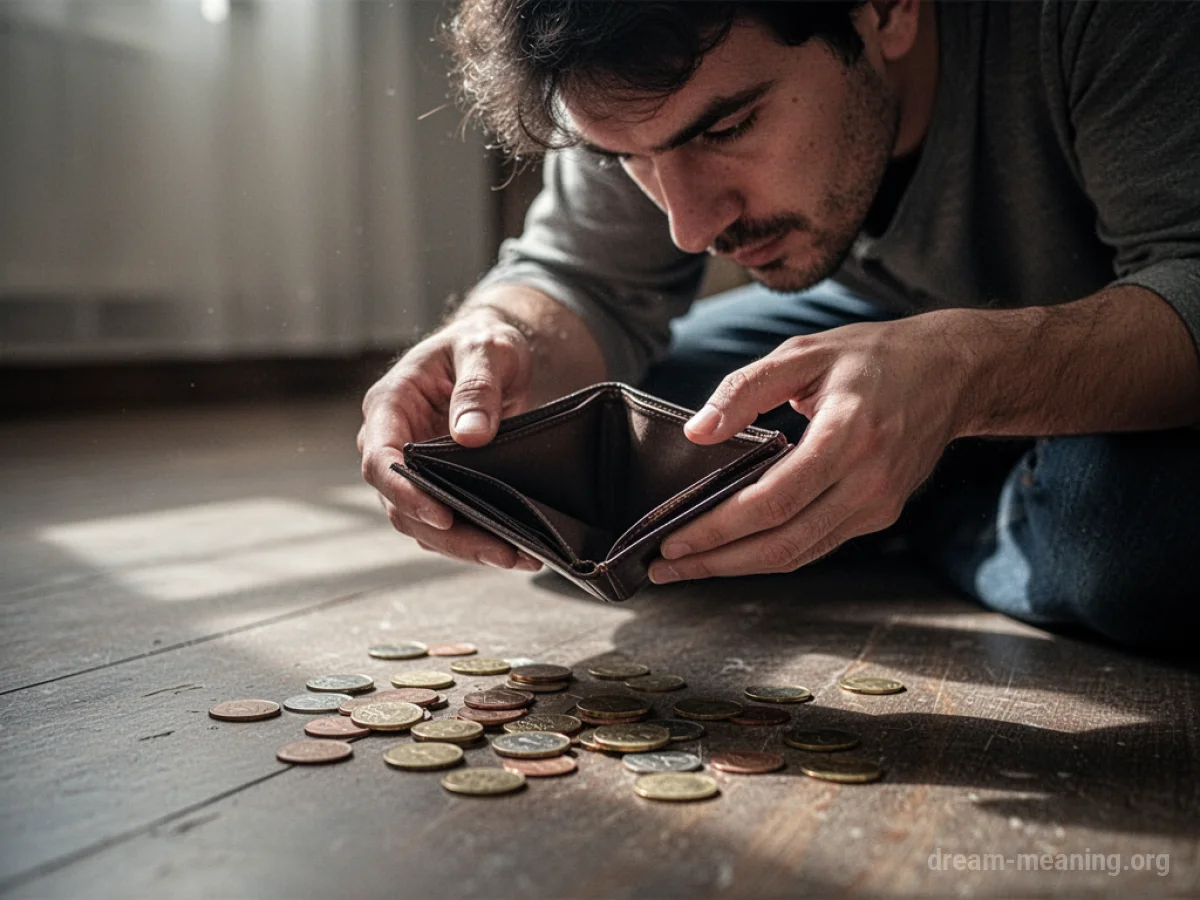 A person looking down at an empty wallet on a floor with a few coins scattered.