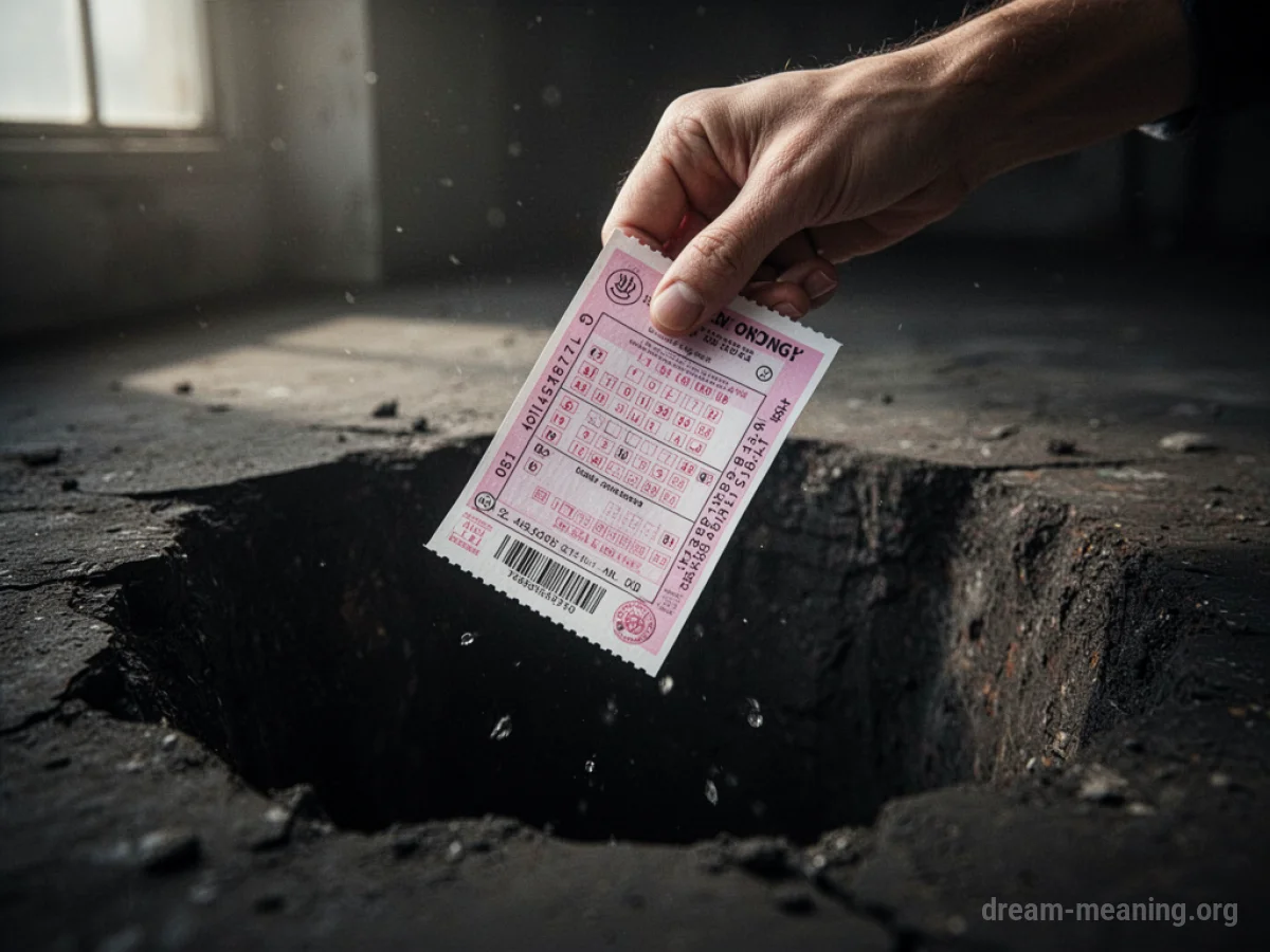 A hand dropping a lottery ticket into a dark hole.