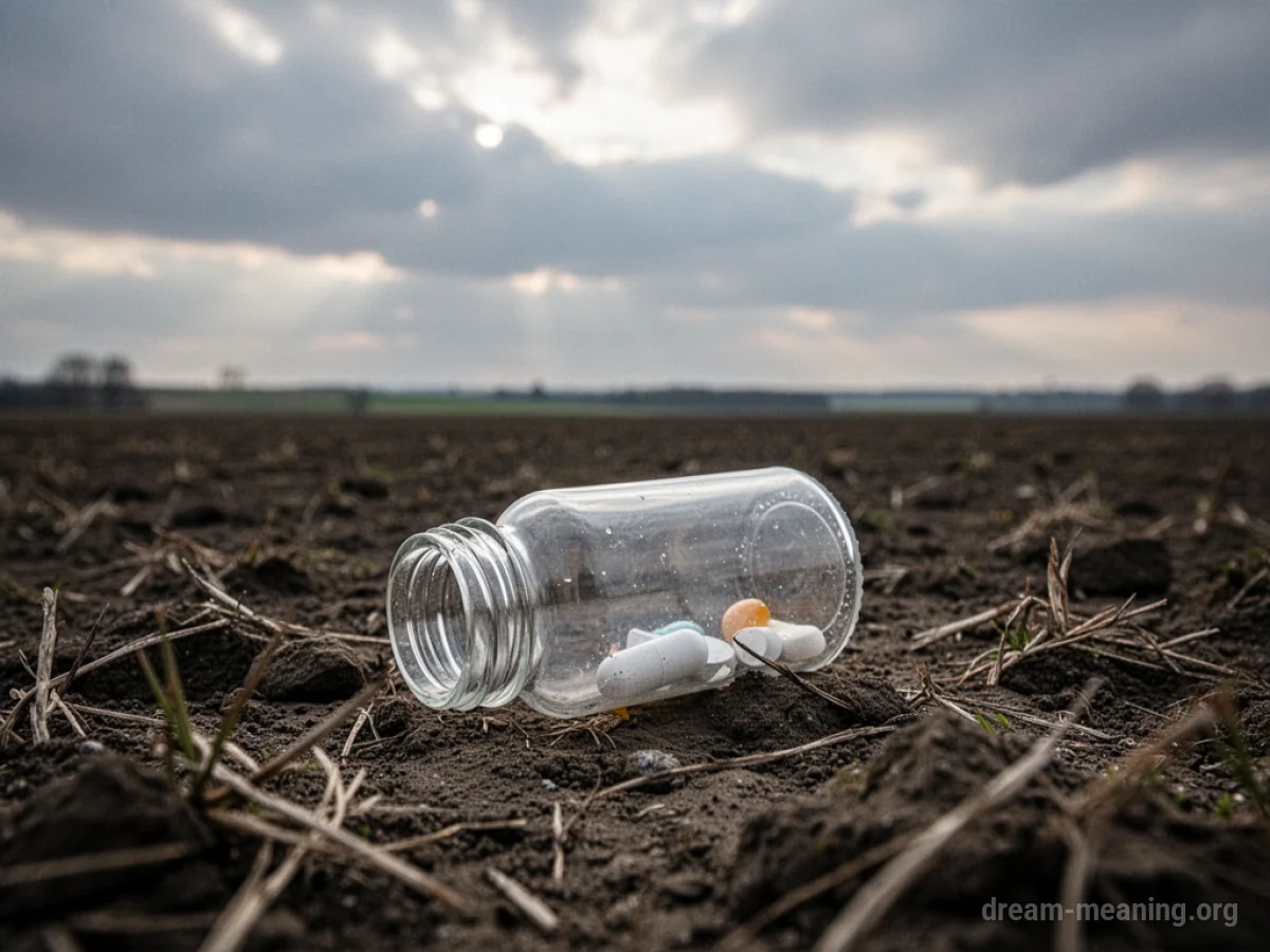 An empty medicine bottle on the ground in a barren field.