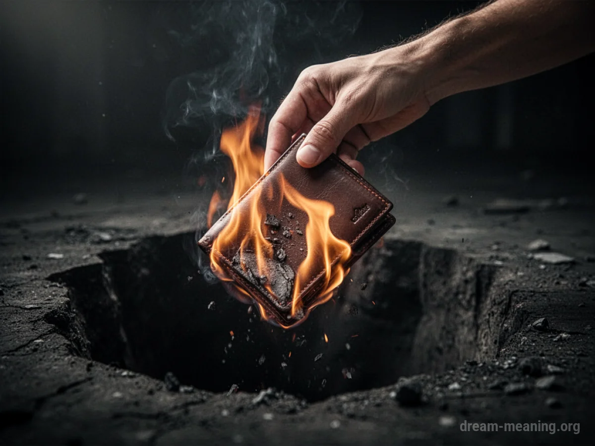 A hand dropping a flaming wallet into darkness.