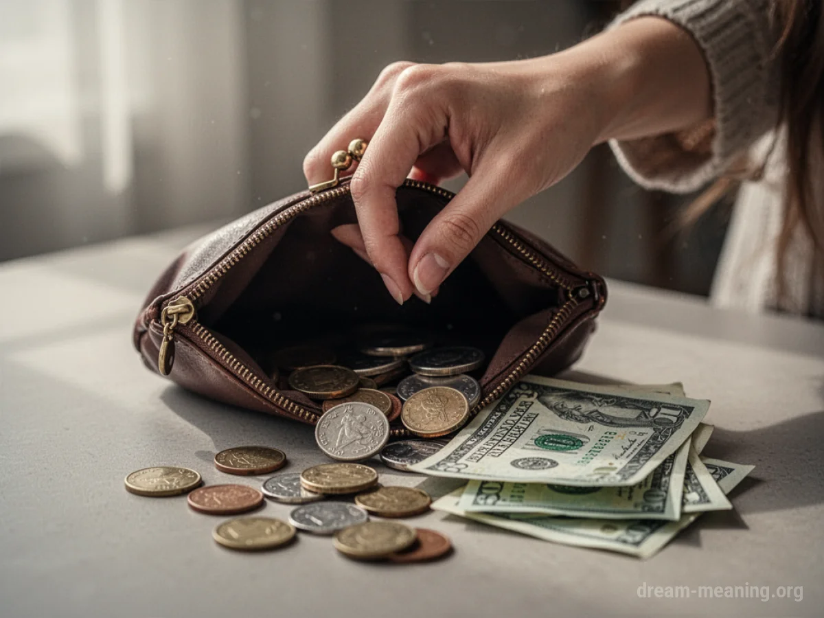 A hand reaching into an empty purse with money falling out.