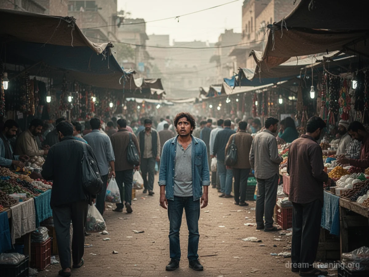 A person looking worried in a crowded marketplace.