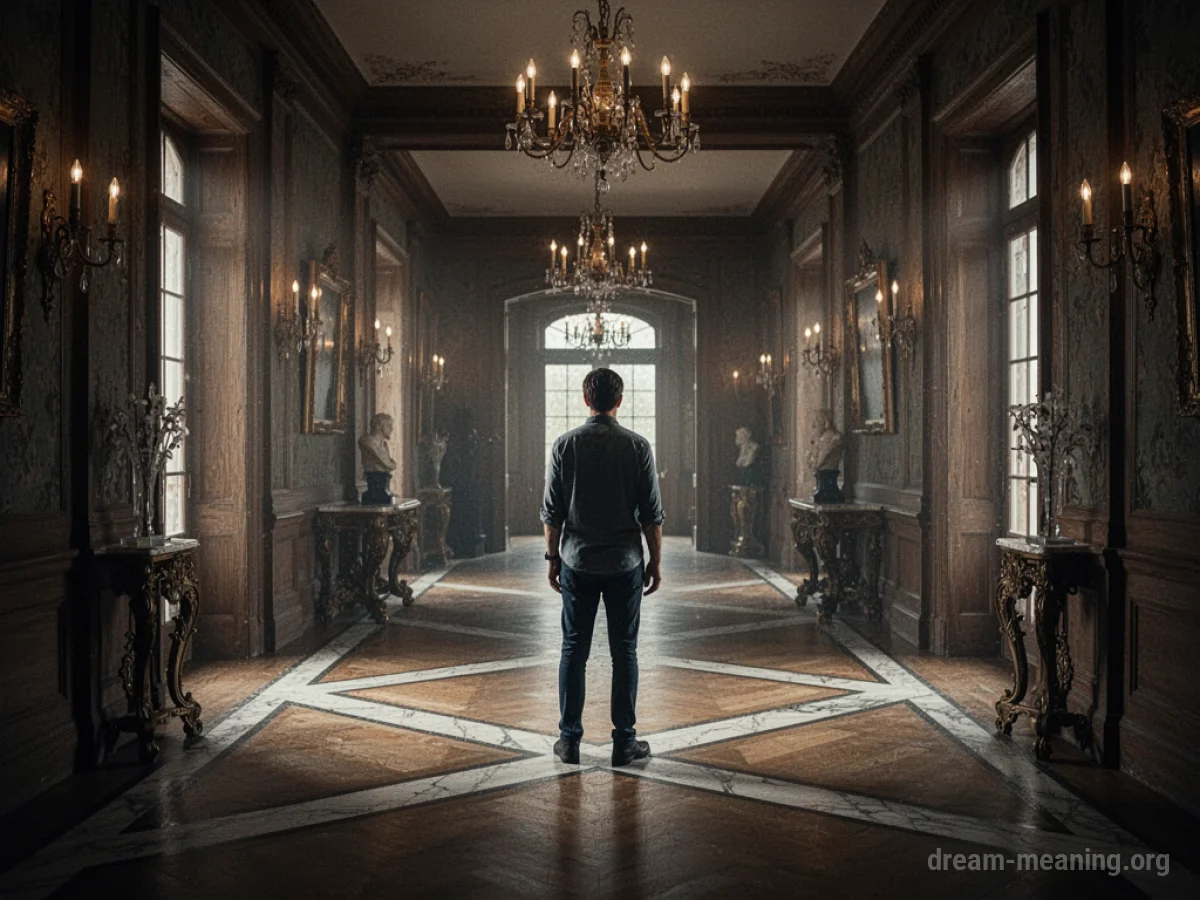 Person standing at a junction of hallways inside a large, shadowed mansion.
