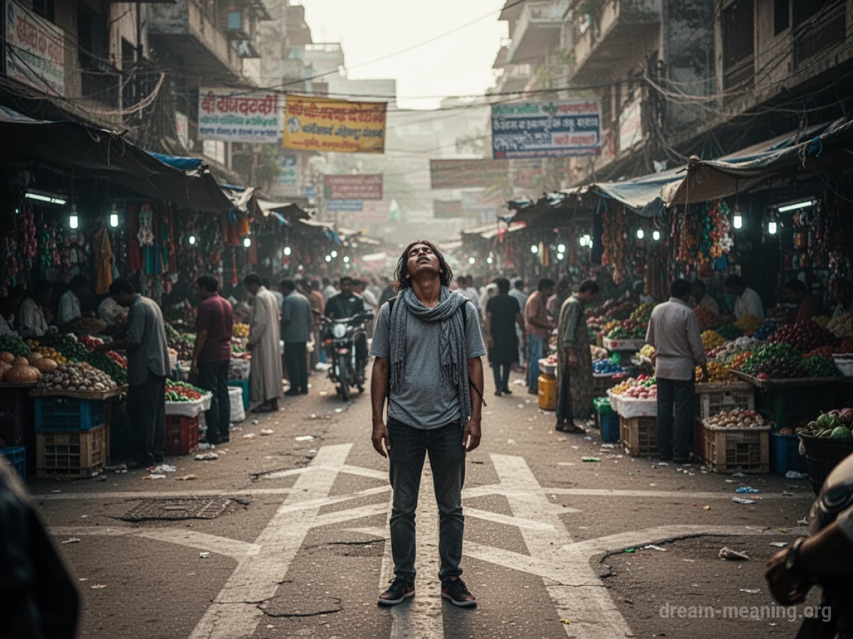 A person looking confused at various stalls in a crowded market.