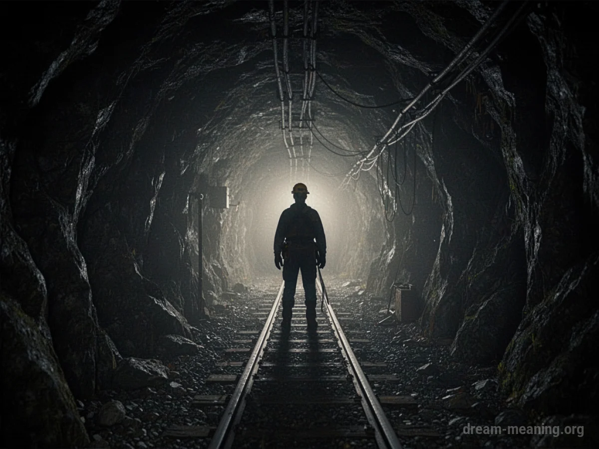 A lone figure stands at the end of a dark, narrow mine shaft, looking towards a distant light.