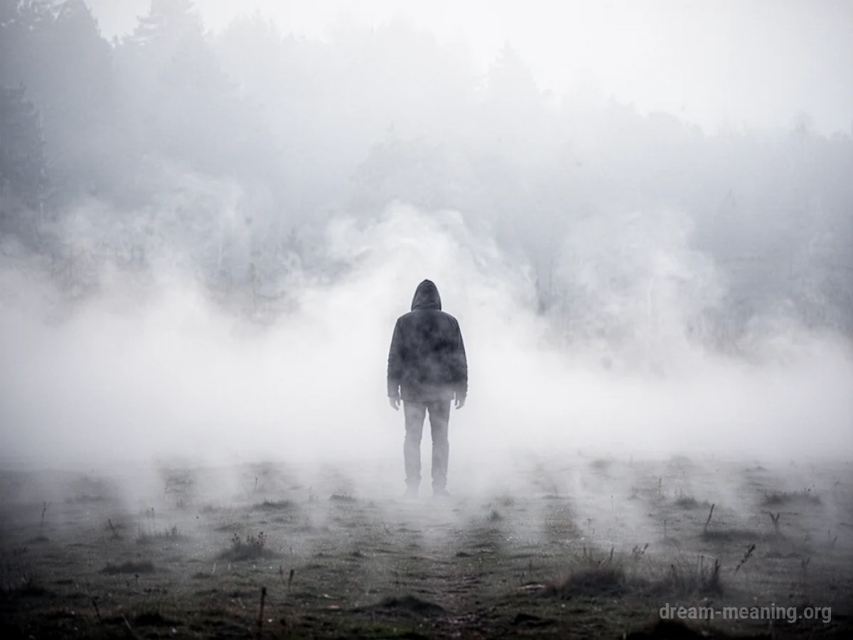 A person standing in thick white fog.