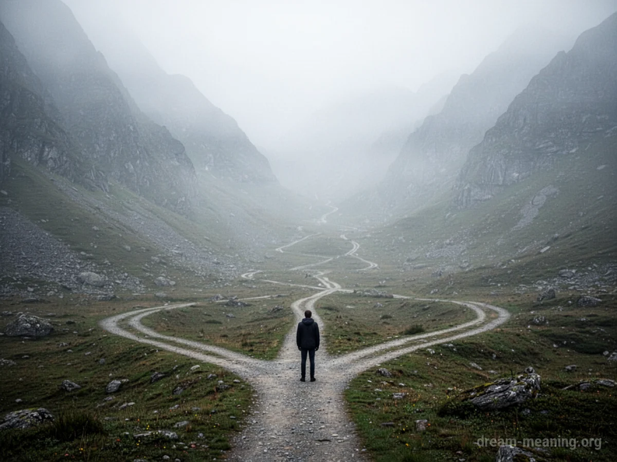 A person at a foggy mountain crossroads with multiple unclear paths.