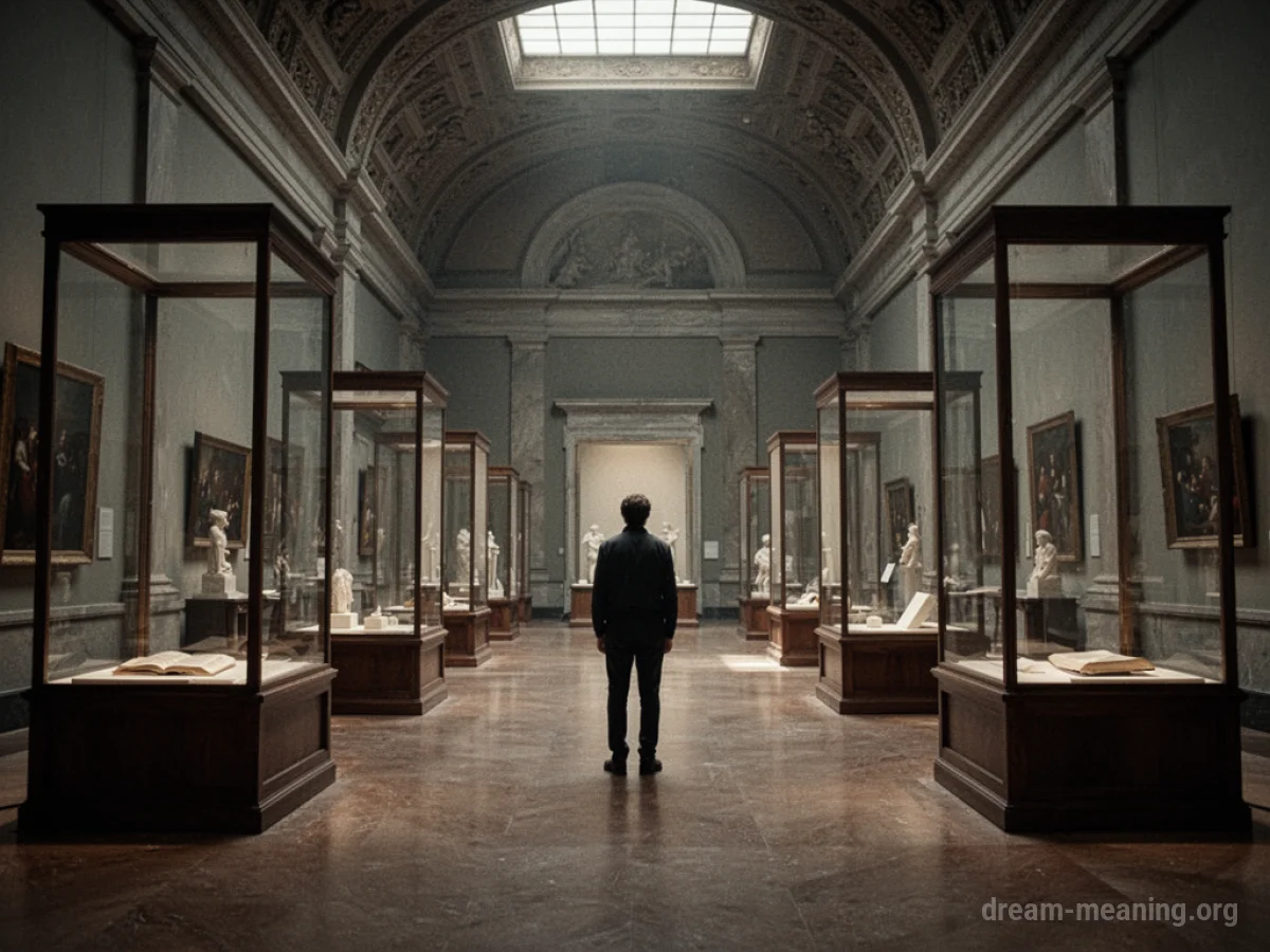 A single person stands in the center of a large, empty museum hall with tall display cases.