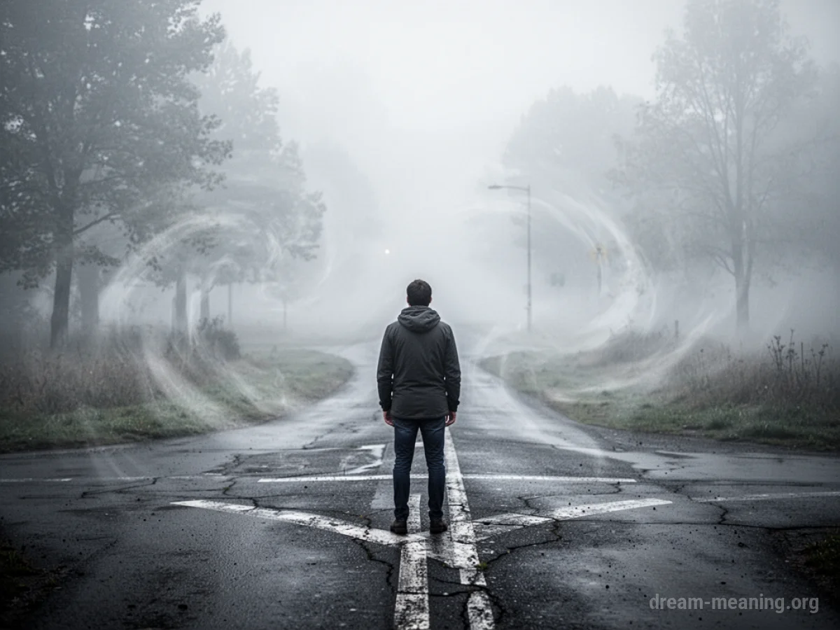 A person stands at a foggy crossroads with multiple indistinct paths.