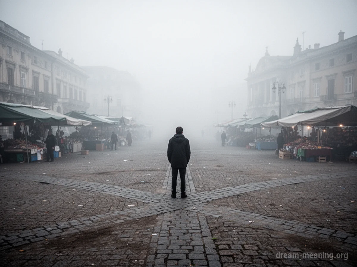 A single person standing at an intersection within a large, fog-shrouded marketplace.