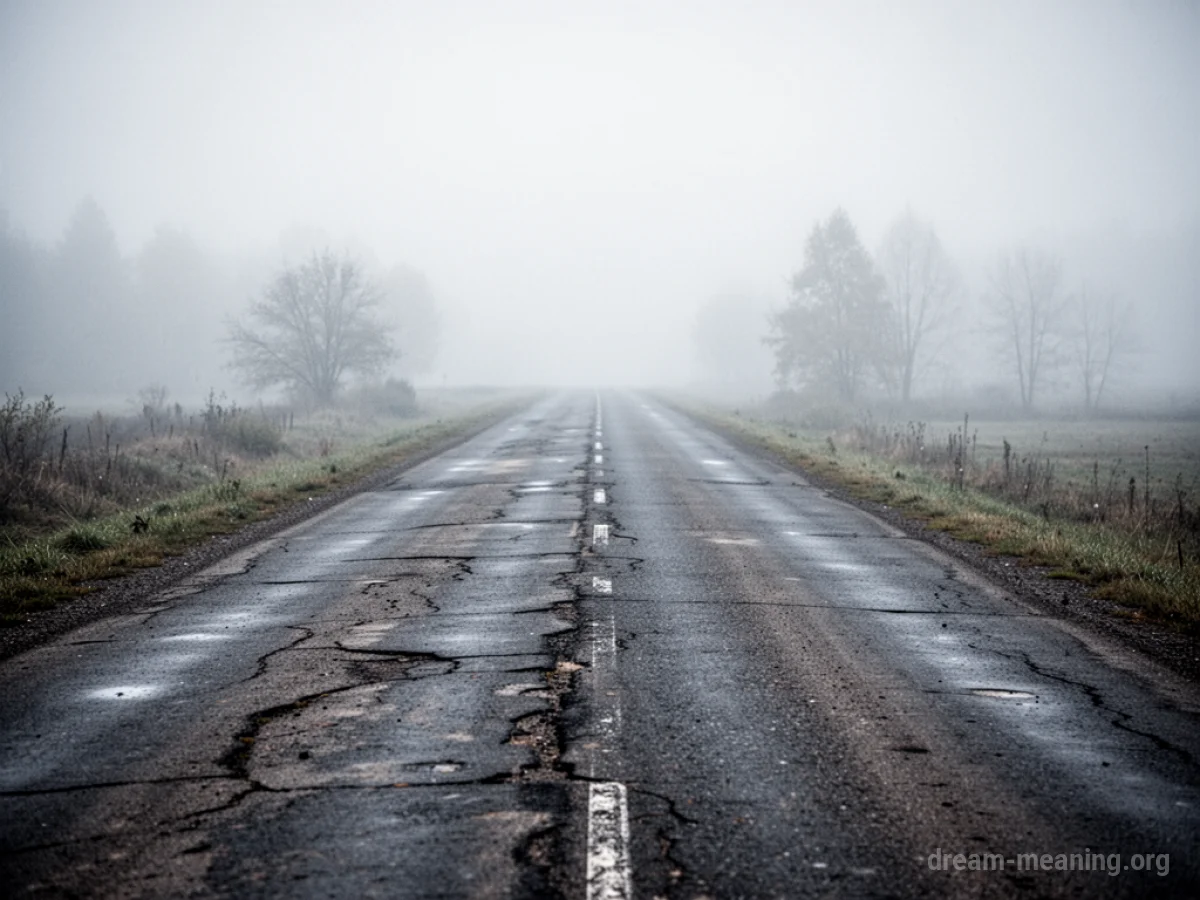 A solitary road disappearing into thick fog.