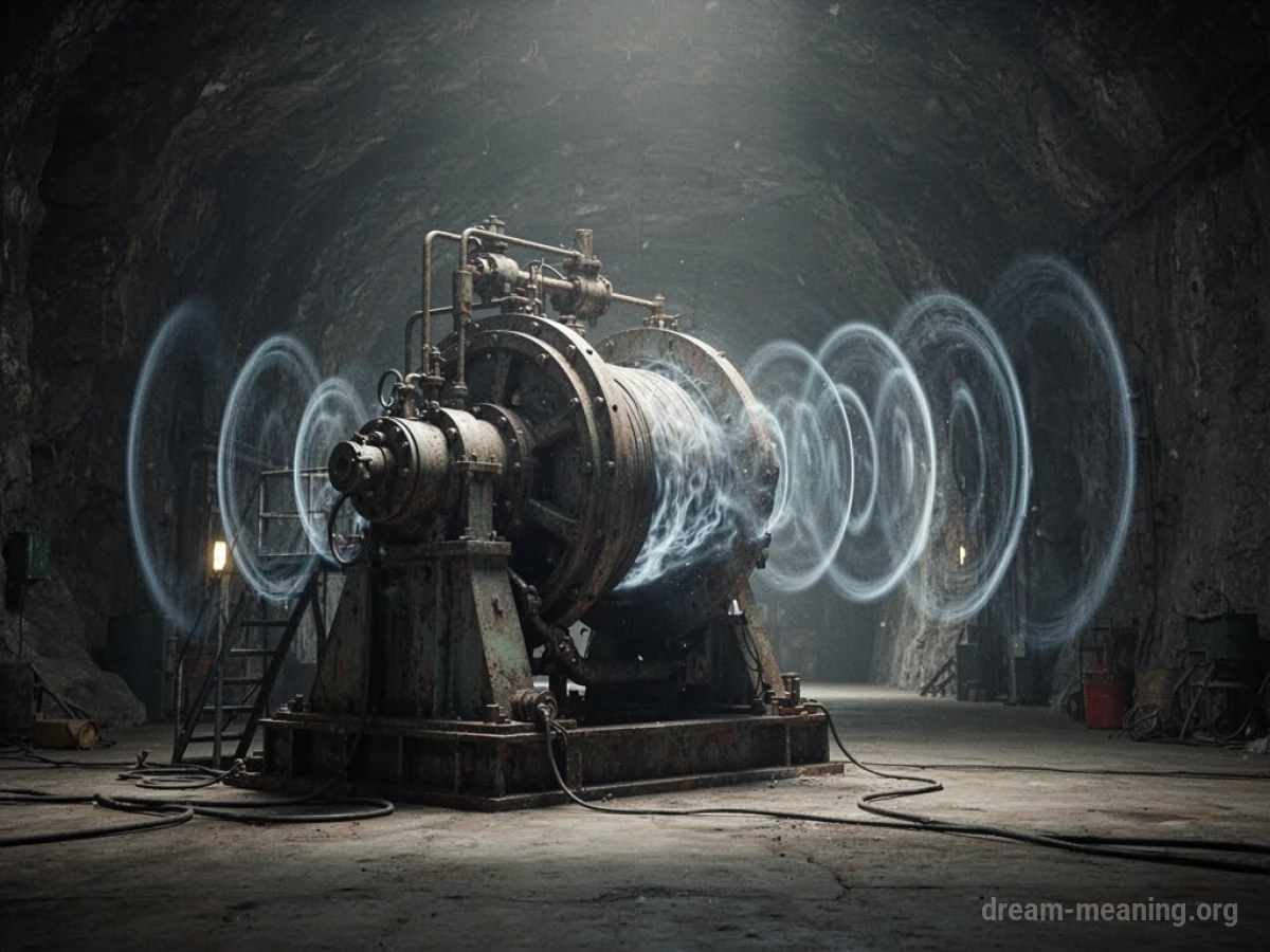 A large industrial machine with visible sound waves emanating from it in a dark room.