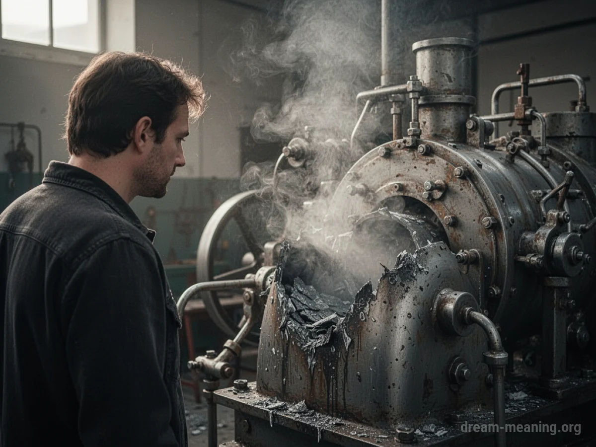 A metallic machine with smoke emerging from a broken component.
