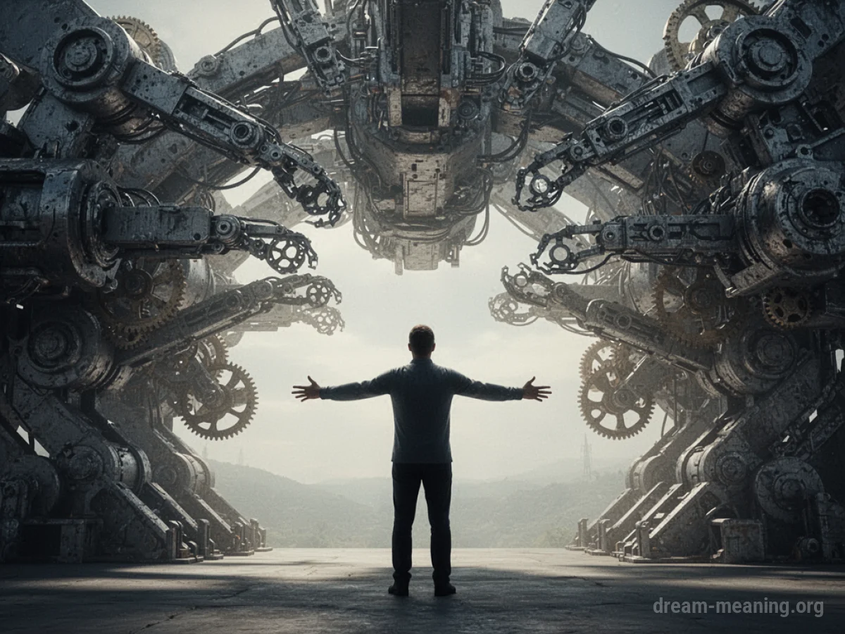 Silhouette of a person beneath a large, imposing mechanical structure.