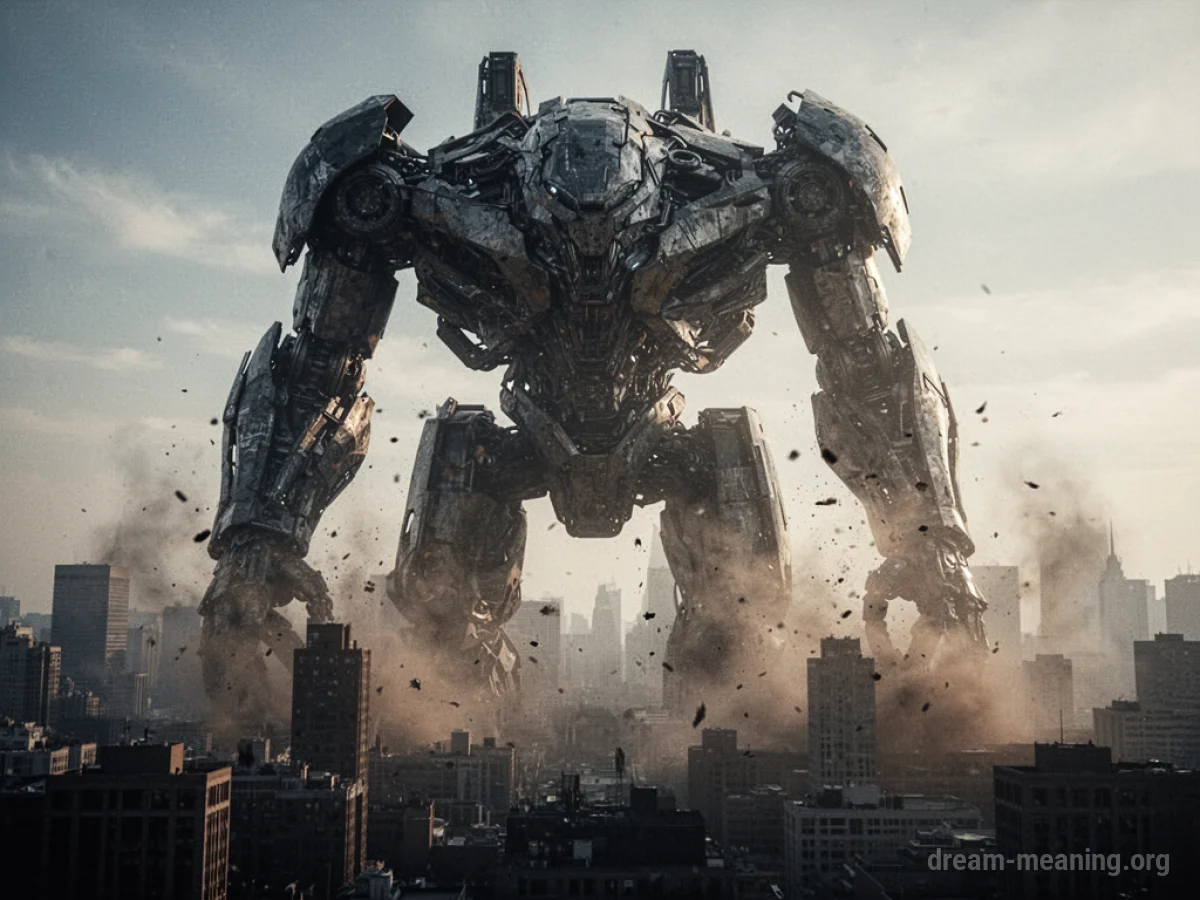 A giant, dark mechanical shape overshadowing a city skyline with dust clouds.