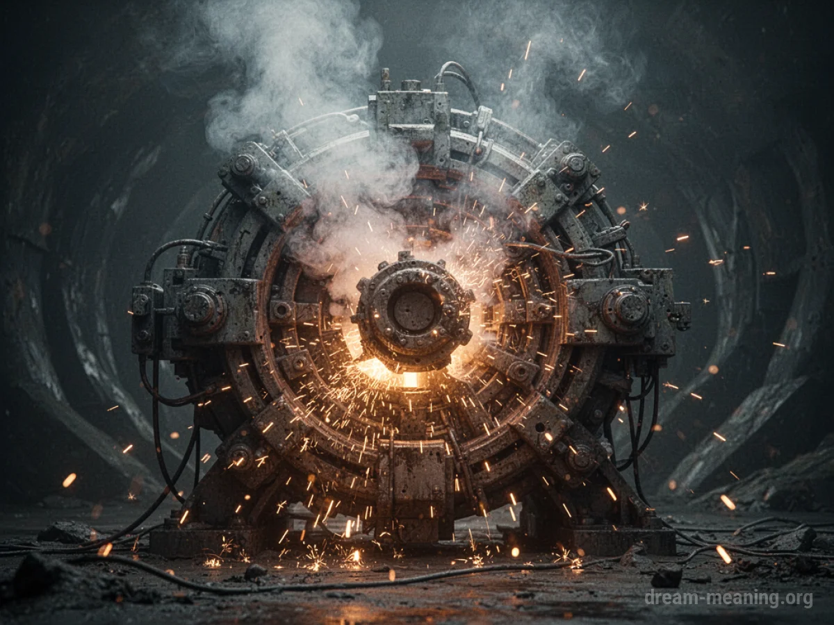 A broken, sparking machine with smoke rising.