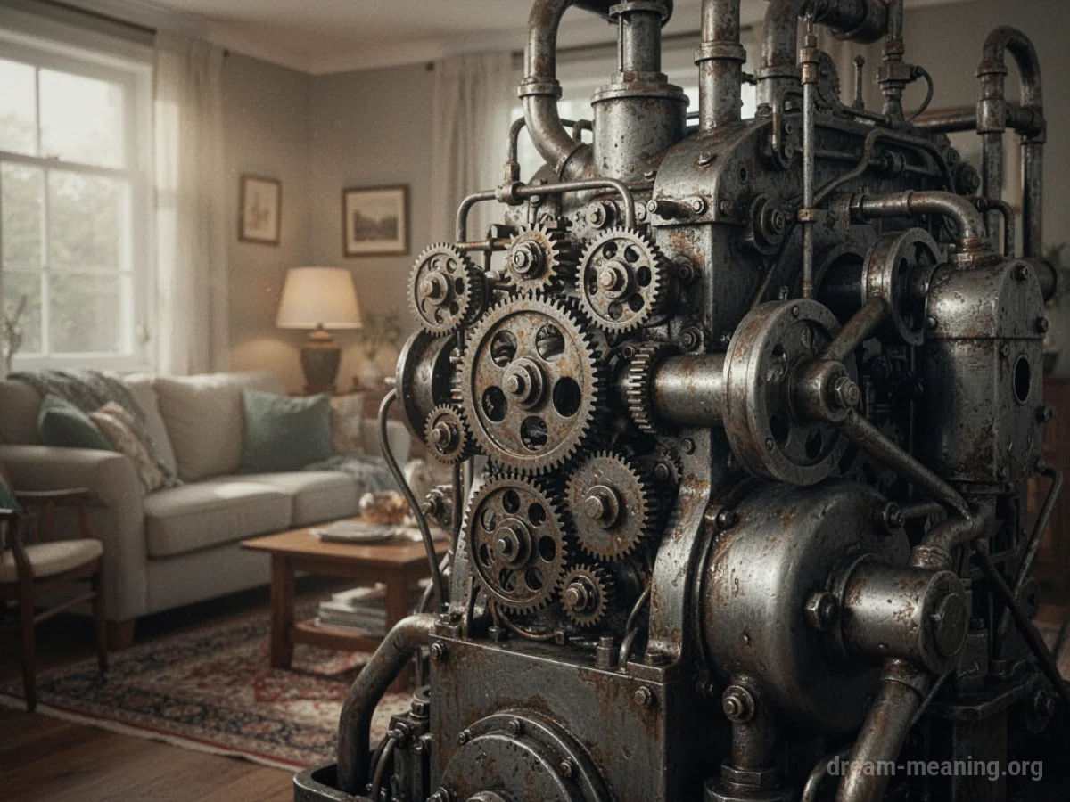 A large machine object partially occupying a domestic living room space.