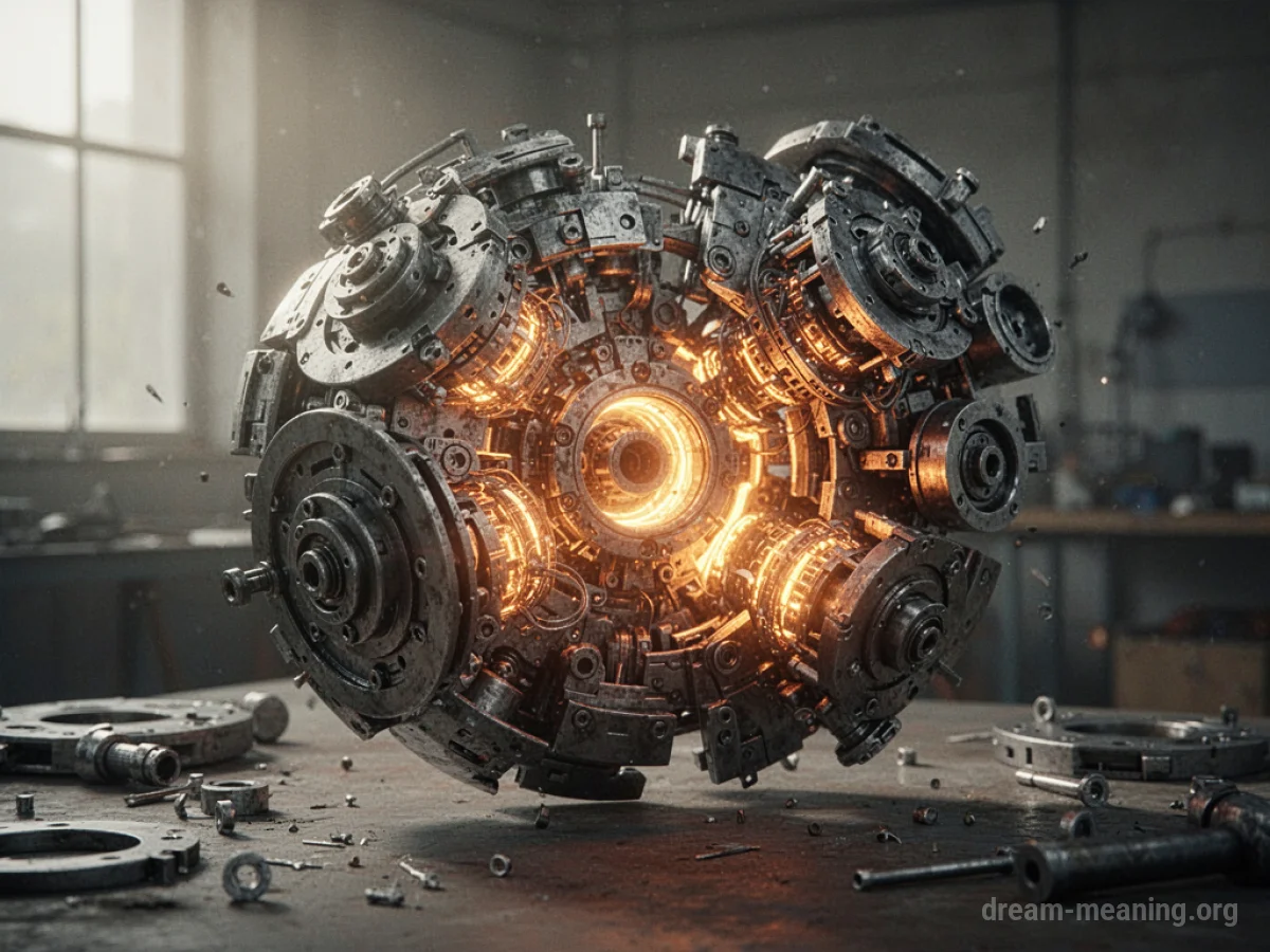 A metallic machine with visible gears and wires fixing itself.