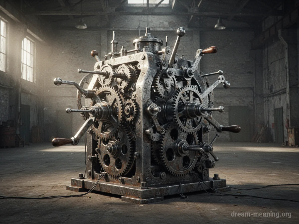 A metallic machine with visible gears and levers functioning on its own.