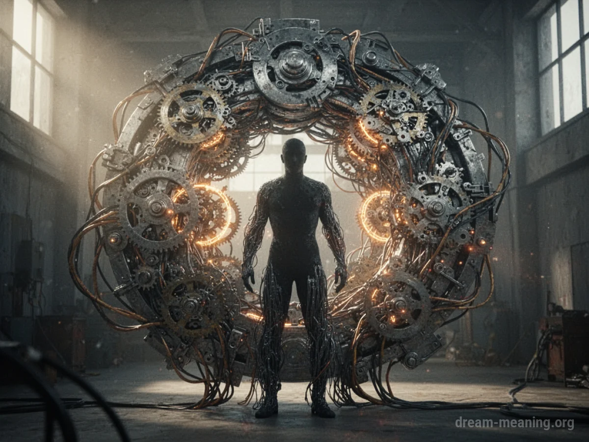 A silhouette of a person partially encased within a complex, mechanical structure that appears to be reconfiguring.