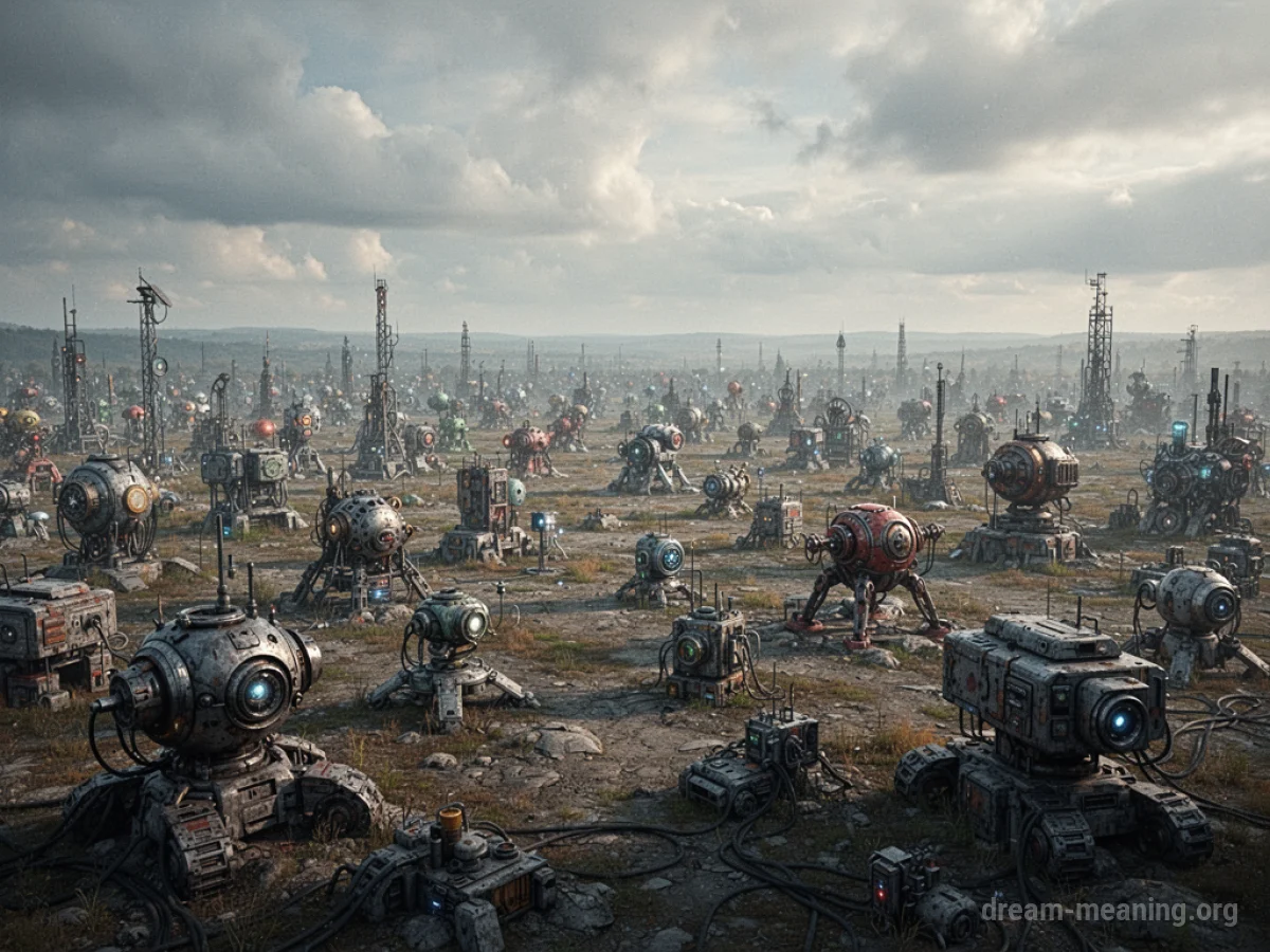 A wide view of a landscape densely populated with diverse mechanical contraptions.