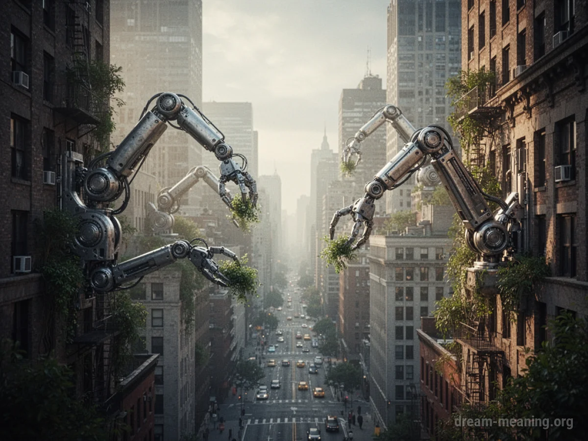 Robotic arms extending from city buildings.