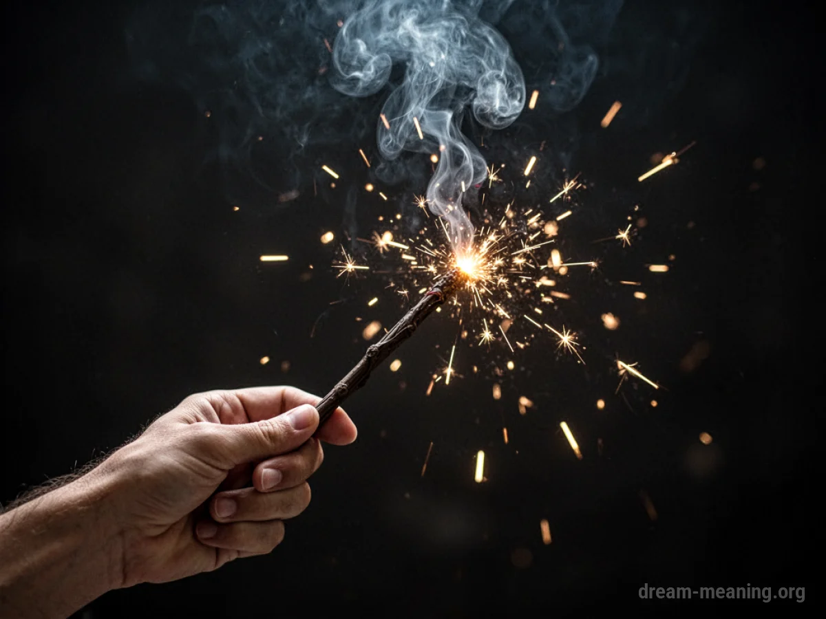 A hand holding a wand that is emitting weak, sputtering sparks.