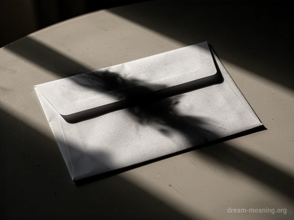 A dark shadow falls across an envelope on a table.