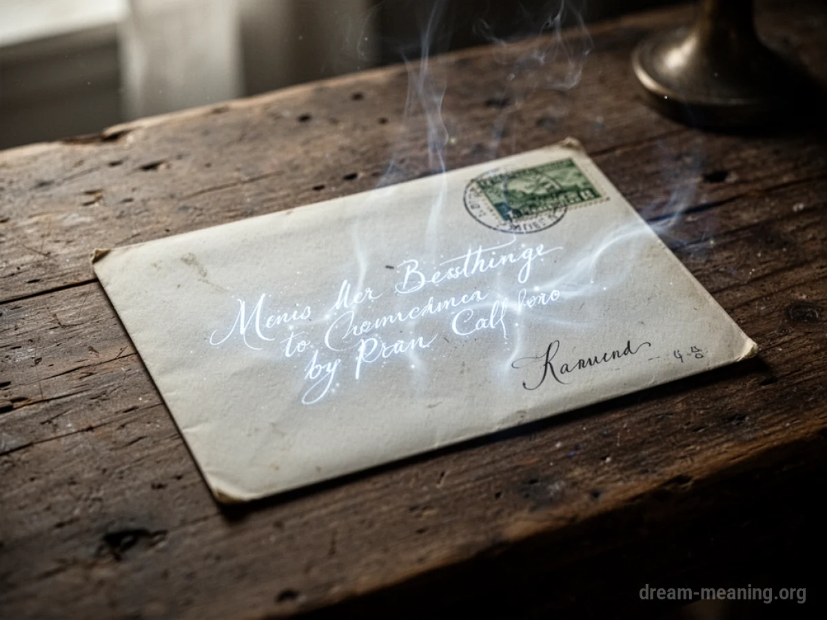 An antique envelope with glowing script appears on a weathered table.