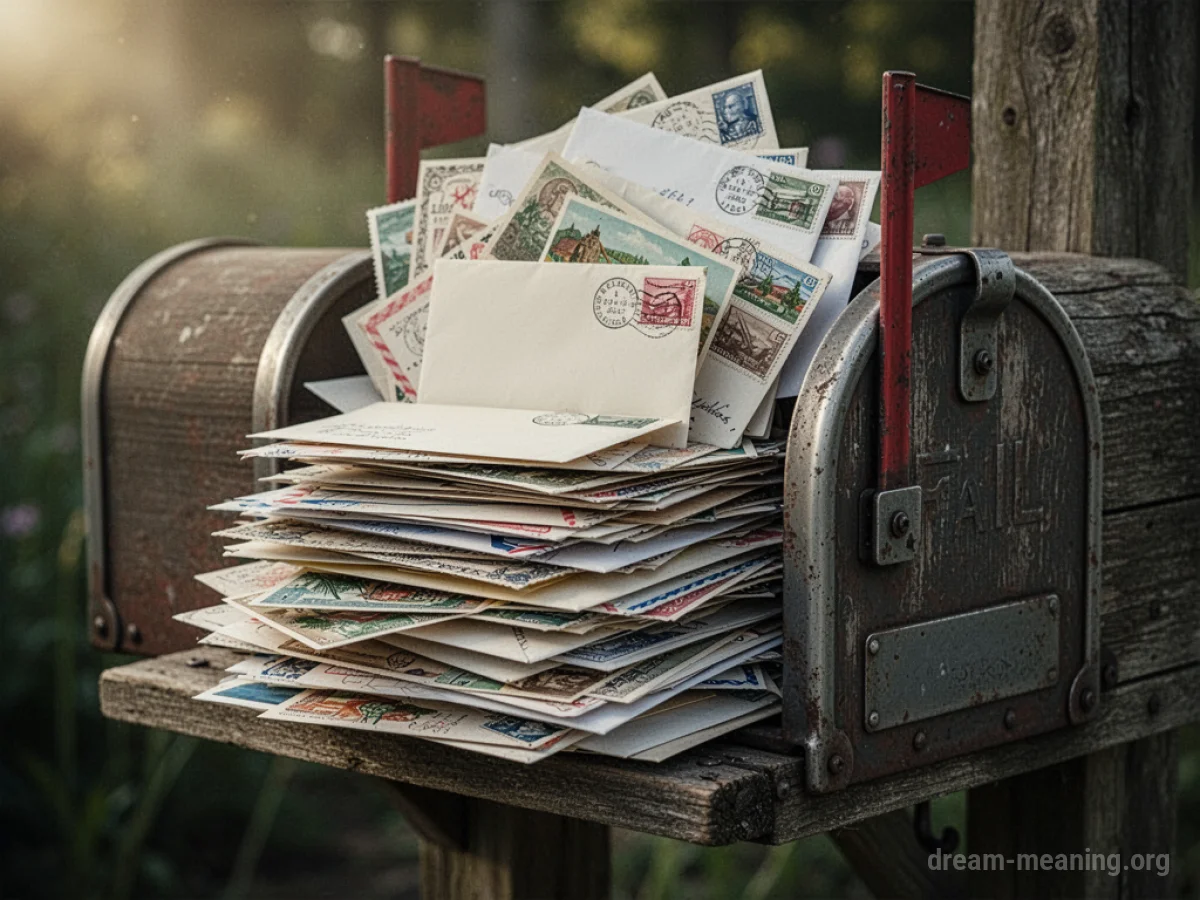 A wooden mailbox is overflowing with many letters and postcards.