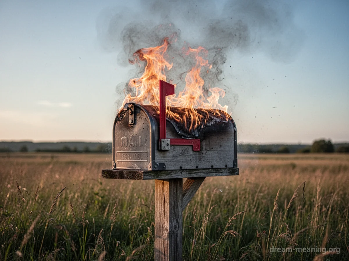 A wooden mailbox engulfed in flames.