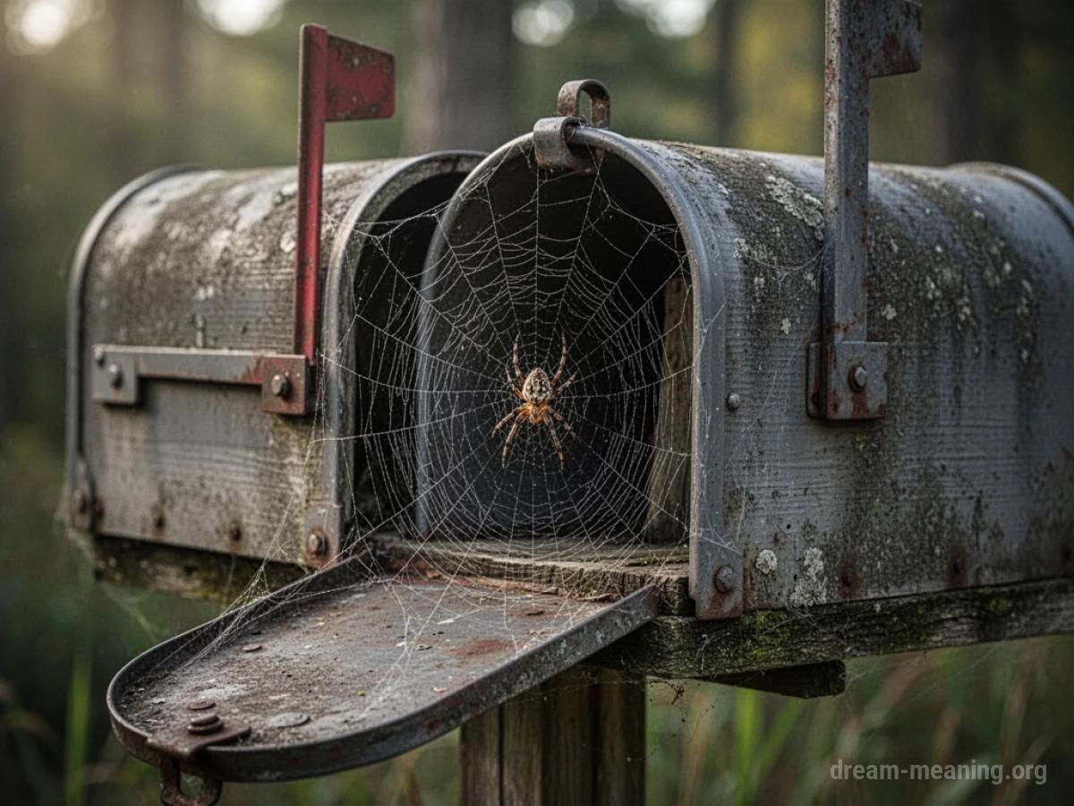 A mailbox with a large spiderweb and spider blocking the opening.