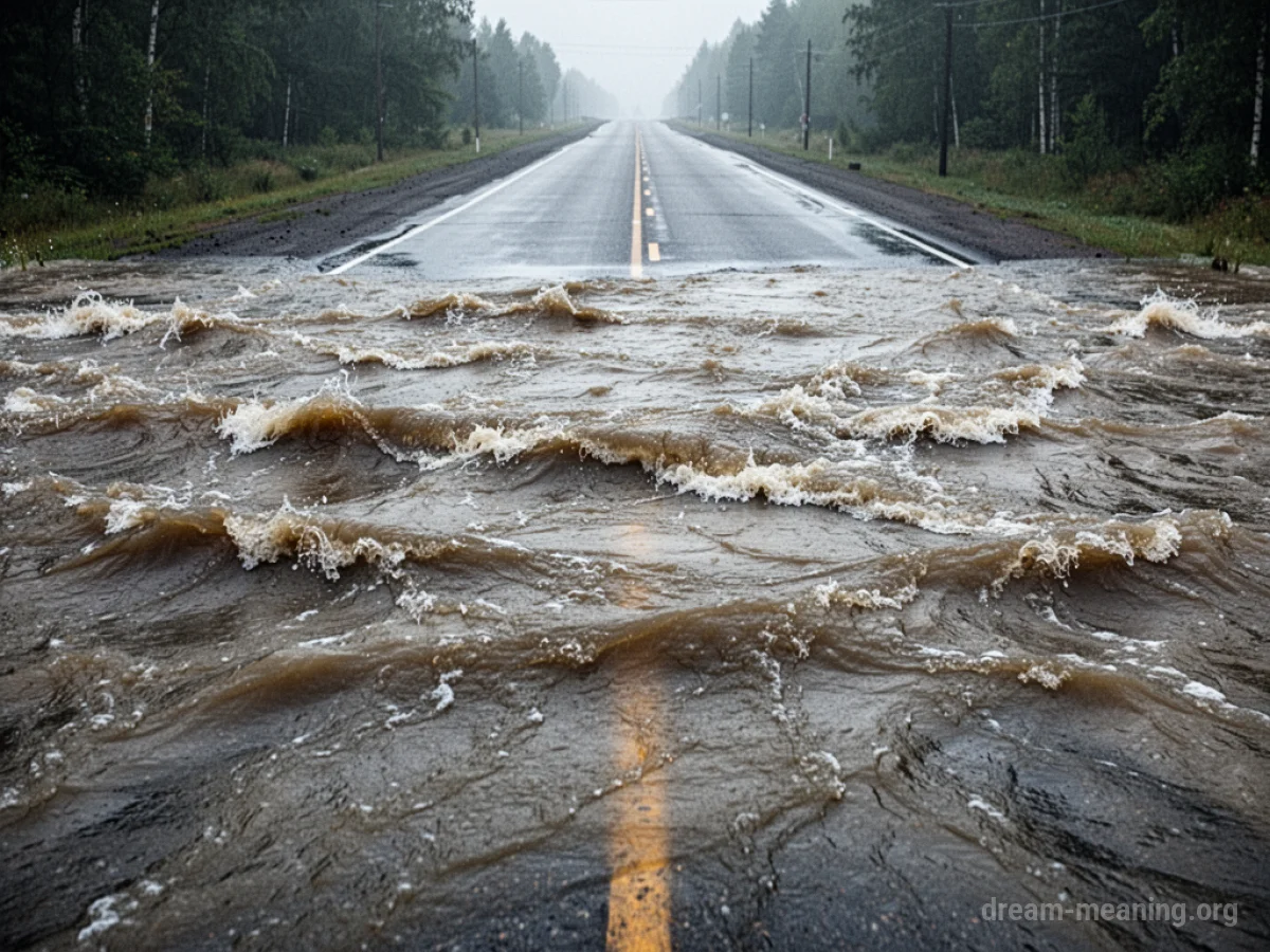 A wide road completely submerged under murky, flowing water.