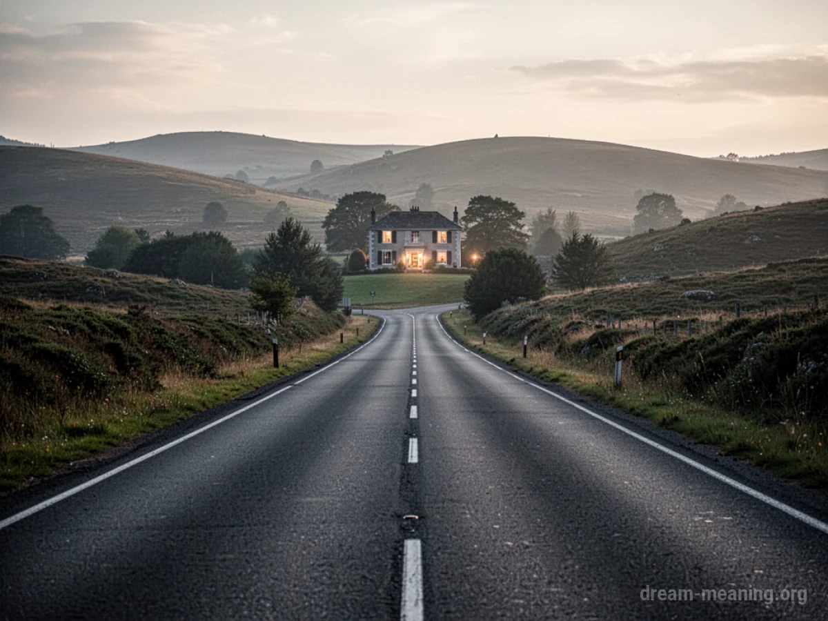 A wide, straight road leading towards a house in the distance.