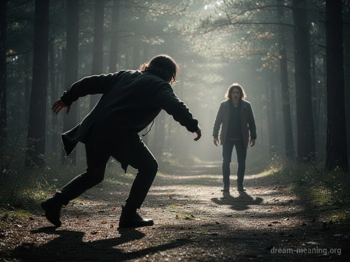 A dark silhouette of a person lunging towards another person in a dimly lit space.
